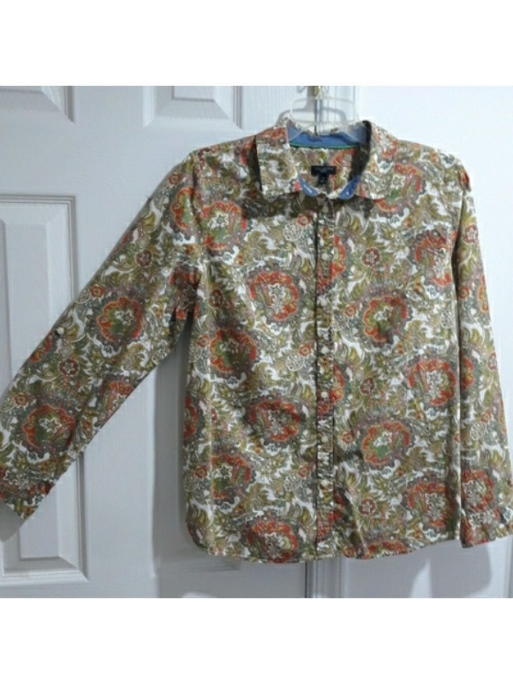 Talbots Cotton Parsley Olive and Rust Floral Button Down Shirt Long-Sleeve 16P